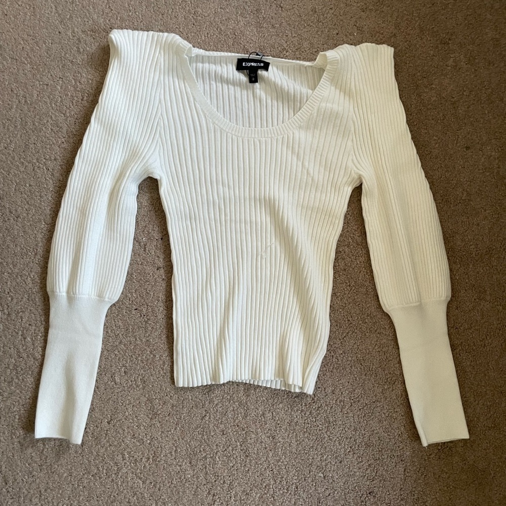 Express White Ribbed Sharp Shoulder Balloon Sleev… - image 6